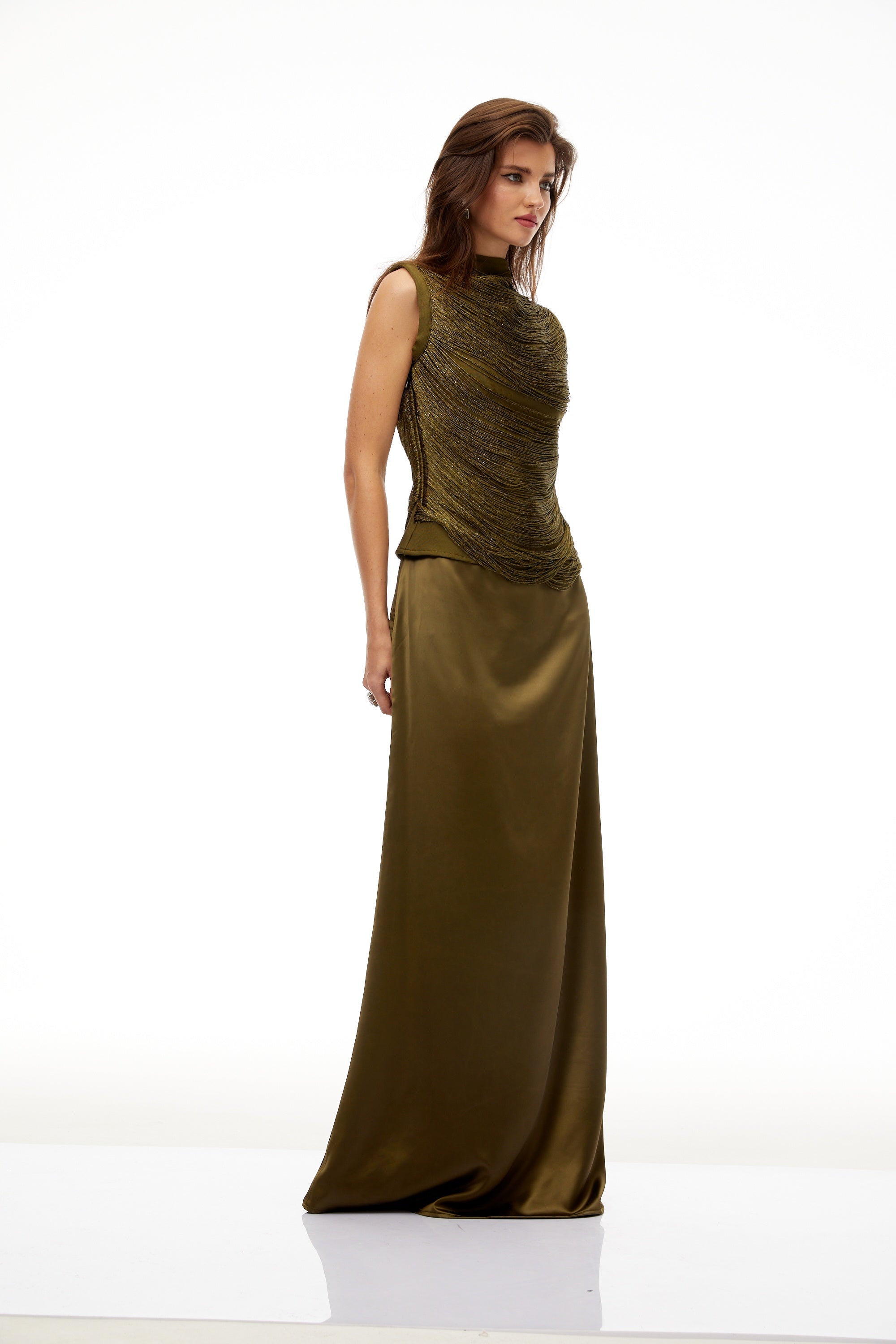 Borbála Green Fringed Top & Satin Skirt Set