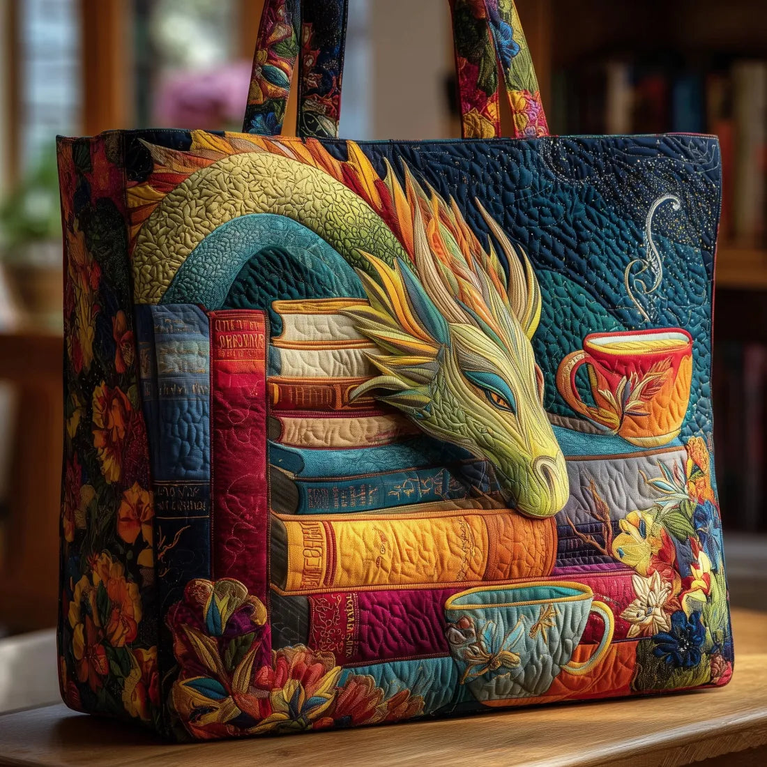HANDMADE BAG - THE DRAGON AND THE OLD BOOKS