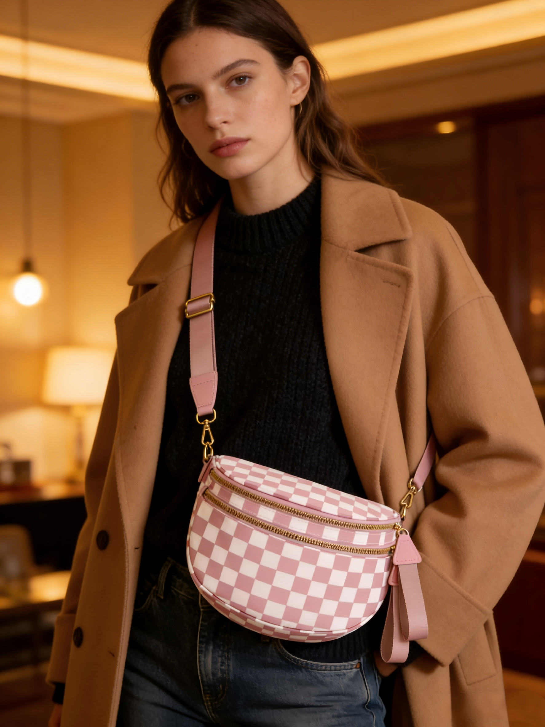 Olivia & Claire Checkered Crossbody Bum Bag for Women Large Capacity Belt Bag for Moms & Everyday Travel
