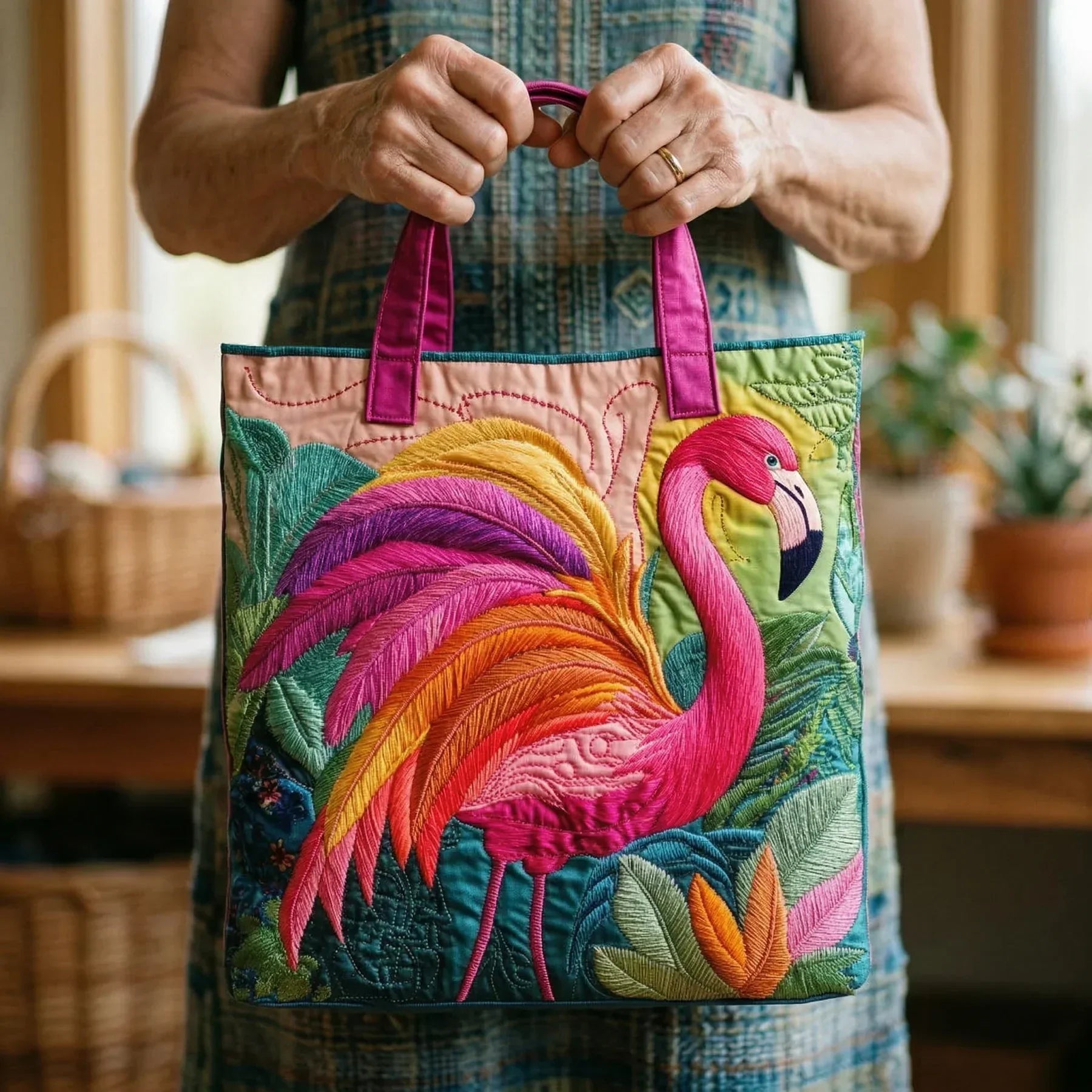 HANDMADE BAG - FLAMINGO AND RAINBOW