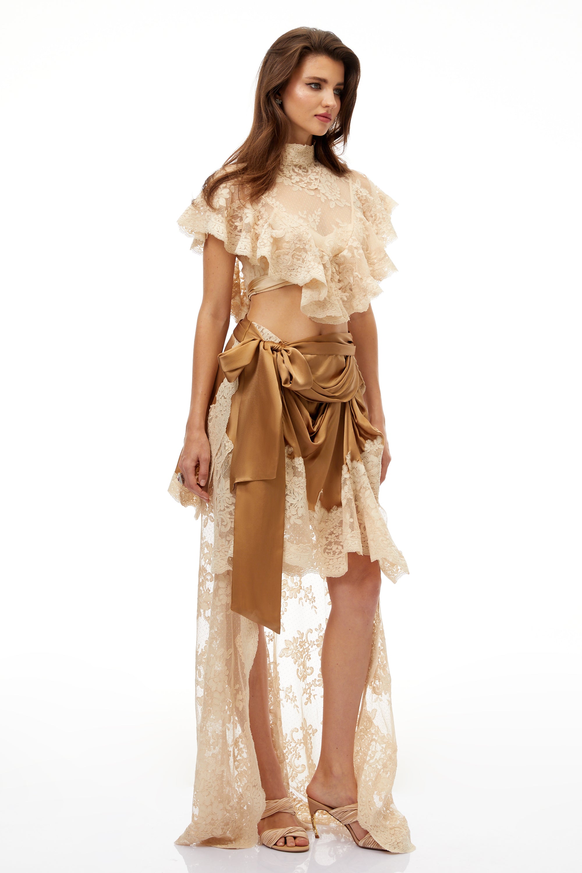 Pascale Brown Asymmetrical Satin Panel Lace Skirt
