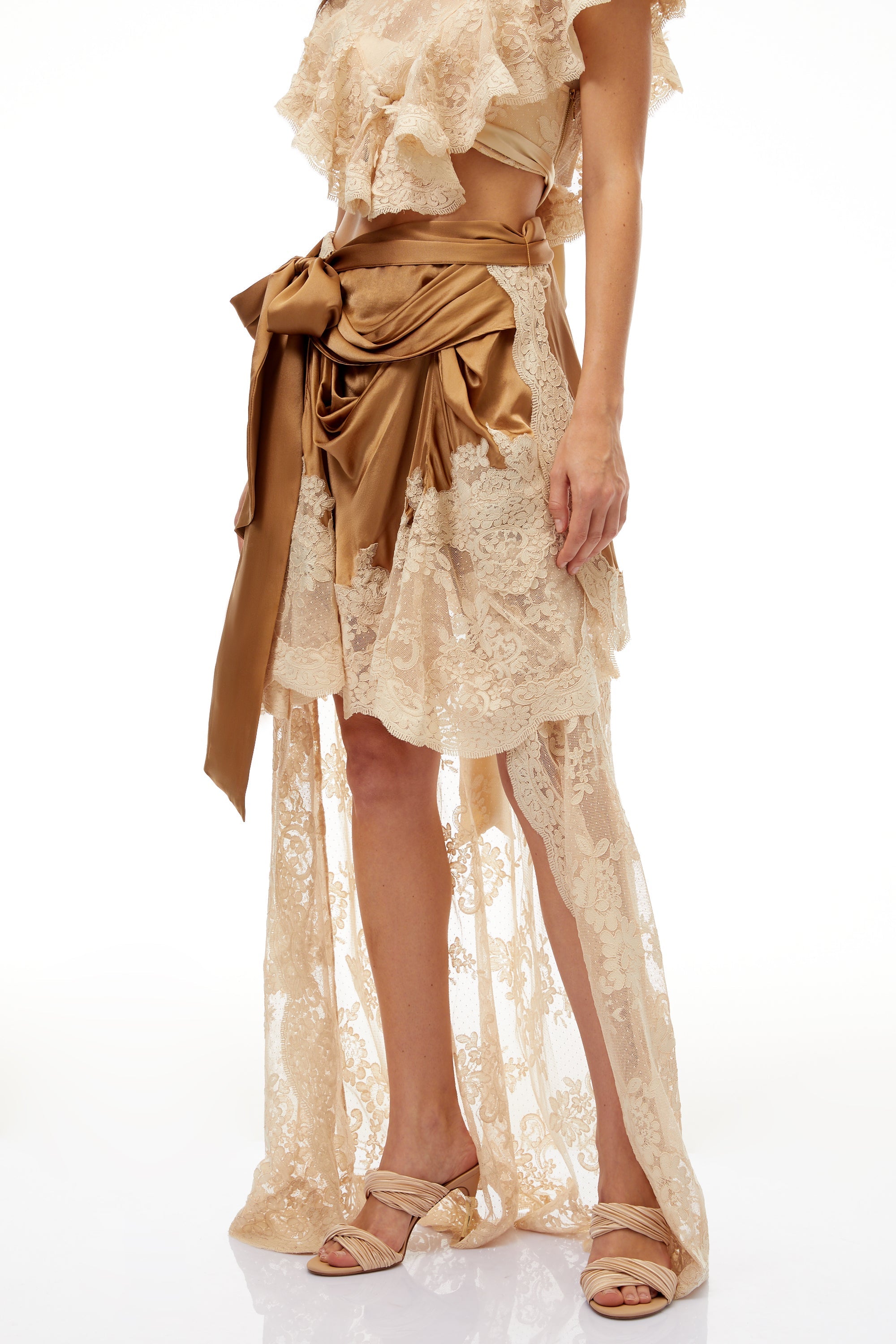 Pascale Brown Asymmetrical Satin Panel Lace Skirt