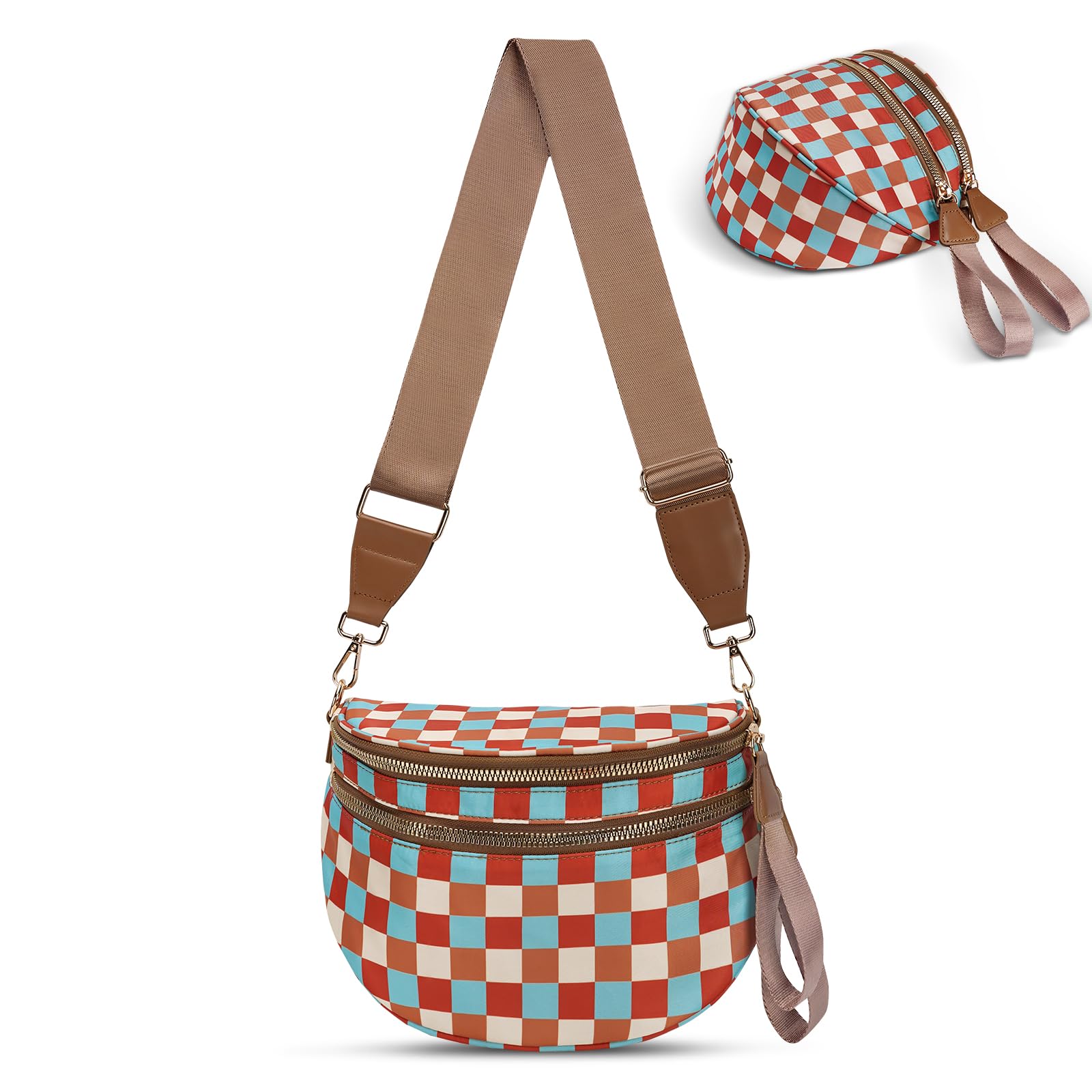 Olivia & Claire Checkered Crossbody Bum Bag for Women Large Capacity Belt Bag for Moms & Everyday Travel