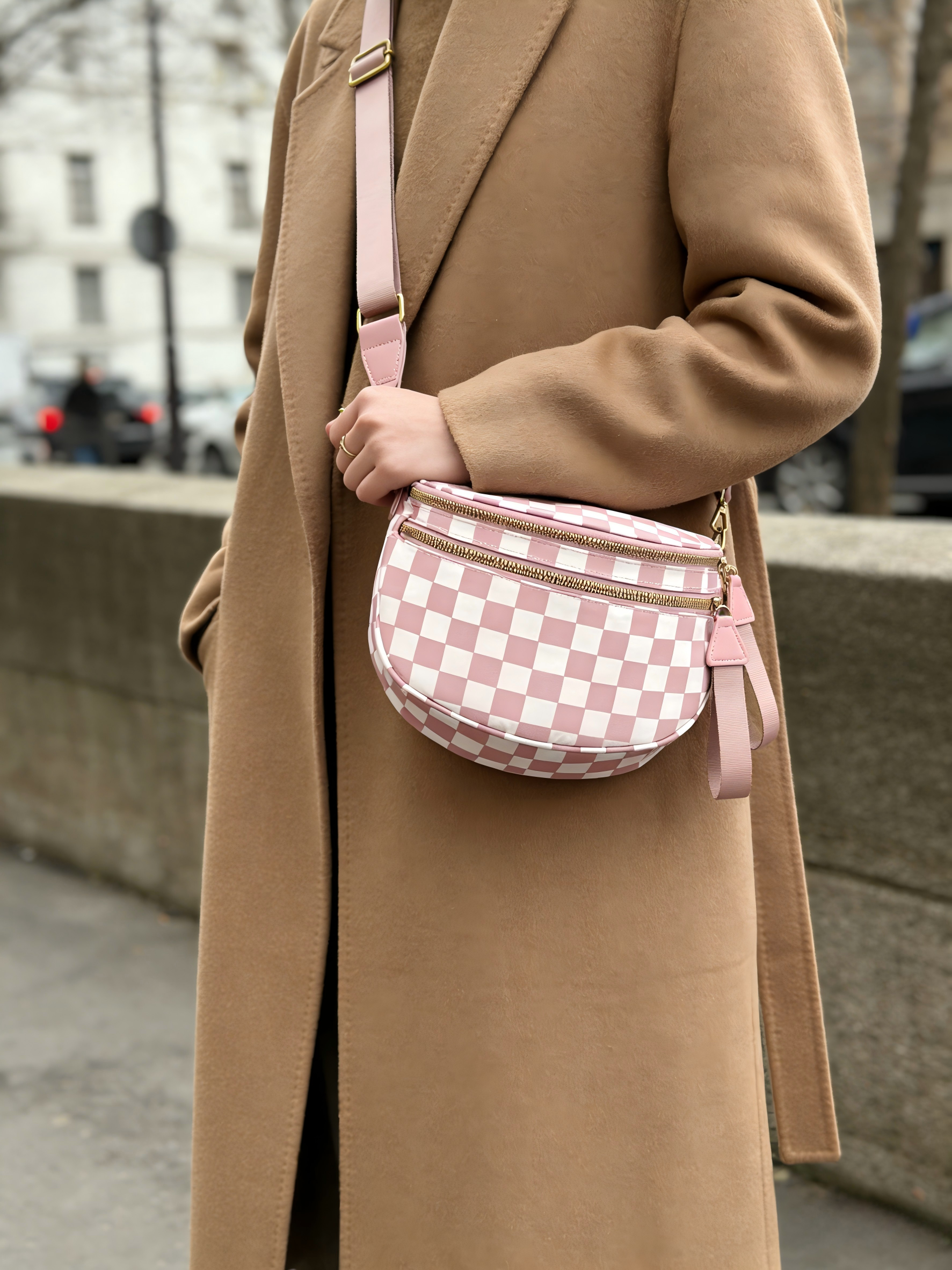 Olivia & Claire Checkered Crossbody Bum Bag for Women Large Capacity Belt Bag for Moms & Everyday Travel