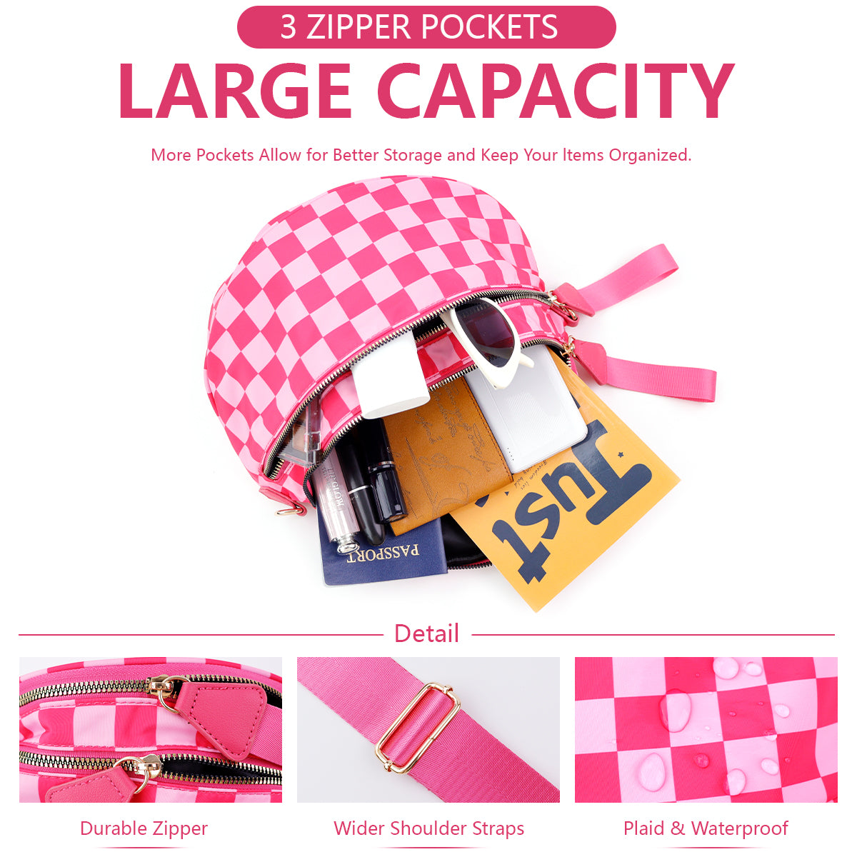 Olivia & Claire Checkered Crossbody Bum Bag for Women Large Capacity Belt Bag for Moms & Everyday Travel