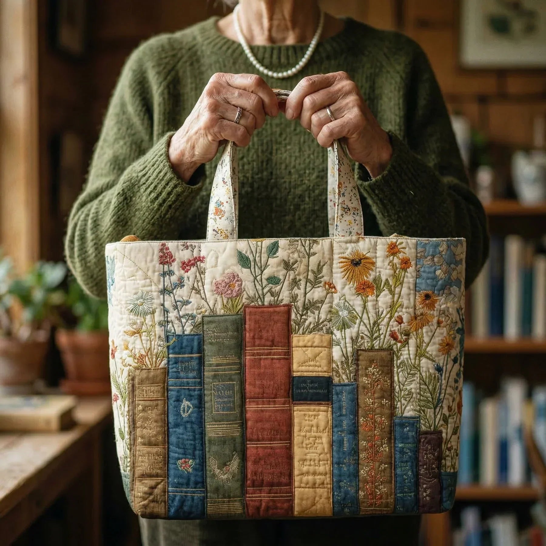 HANDMADE BAG - BOOKS AND FLOWERS