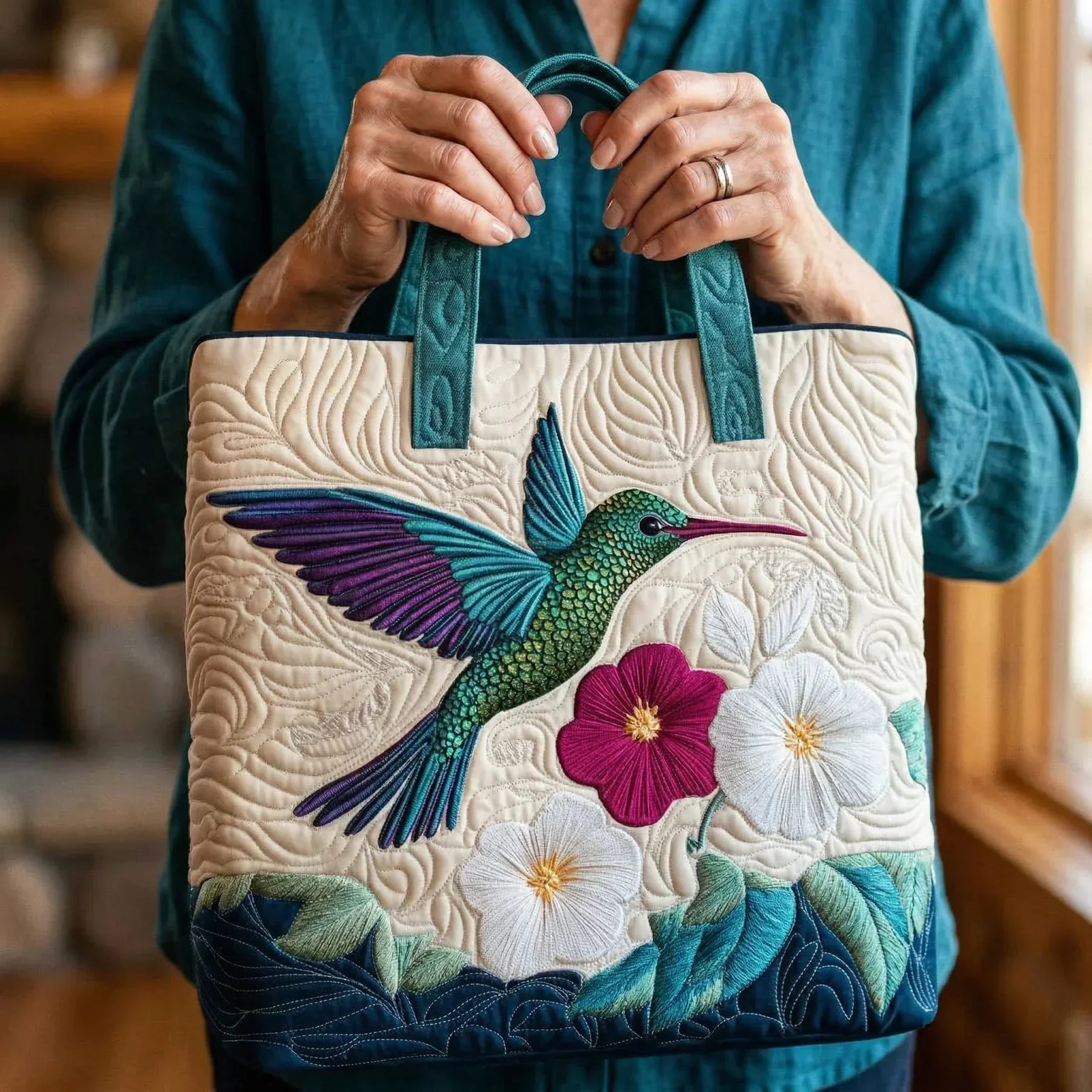 HANDMADE BAG - HUMMINGBIRD AND FLOWERS